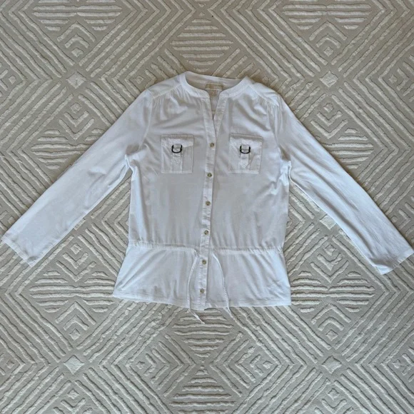 Michael Kors White Cotton Utility Shirt with Gold MK Hardware & Drawstring Waist - Picture 14 of 16